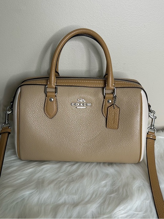 Coach Handbags - Coach Rowan Satchel Taupe Chalk White Pebbled Leather Bag Excellent